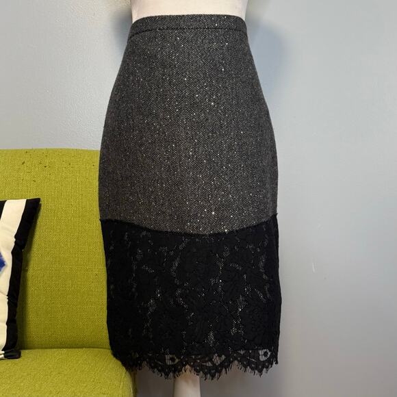 J Crew Gray Wool Black Lace Perfect Party Straight Pencil Skirt 6 - Picture 1 of 6